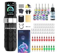 POSEIDON Kit de pistolet de tatouage sans fil, 2300 mAh, 7 temps, 3 modes, affichage LED | Style stylo, modes normal/points, 20 aiguilles de cartouche, peau d'entraînement, ensemble d'encre, kit
