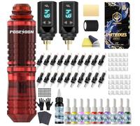 POSEIDON Kit de stylo de tatouage sans fil avec 2 piles longue durée et fournitures de démarrage complètes | Machine de tatouage professionnelle sans fil pour débutants | Comprend 20 aiguilles, encres