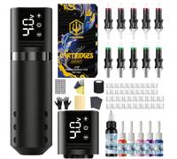 POSEIDON Stylo de Tatouage Rotatif Sans Fil, 2 Batteries, Kit Débutant | 2 Batteries 1500mAh +10h d'Autonomie, 10 Aiguilles Stériles, Encres et Peau d'Entraînement Incluses, Tension 4-12V