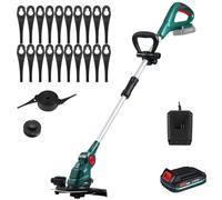 POSENPRO Coupe-Bordures sans Fil 20V avec Batterie 2,0 Ah, Debroussailleuse Electrique sans Fil, Poignée Réglable, Lame en Plastique 20 Pièces, 2 Bobines, Largeur de Coupe de 26 cm, Tube Télescopique