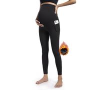 POSHDIVAH Legging de maternité doublé en Polaire avec Poches sur Le Ventre pour Femme - Pantalon d'entraînement Thermique Chaud pour l'hiver, Noir, Taille XL