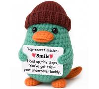 Positive Secret-Agent Vibe - Mini peluche ornithorynque à capuche au crochet avec carte de mission faite à la main 8 à 10 cm, jolie décoration d'étagère de bureau, encouragement tout au long de