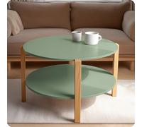 POSNORD Table Basse Ronde 75 cm - Plateau Vert Olive en MDF avec 3 Pieds en Bois de Hêtre, Design Scandinave Compact Idéale pour Salon, Séjour et Chambre