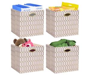 Posprica Storage Bins, Storage Cubes,13×13 Fabric Drawers Organizer Basket Boxes Containers (13×13×13/4pcs, Cream/Gold Geometry Pattern)
