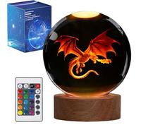 POSSHE Lampe de nuit en forme de dragon 3D boule de cristal de 3,15 pouces (80 mm) avec télécommande, 16 couleurs, pour anniversaire, Noël, figures cool, cadeaux de décoration de chambre, pour