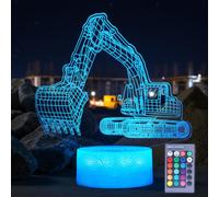 POSSHE Lampe illusion 3D pour enfants, veilleuse pelleteuse, cadeau de véhicule de construction avec 16 couleurs changeantes, télécommande, minuterie, intensité variable, décoration de chambre