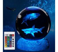 POSSHE Veilleuse en forme de requin avec boule de cristal 3D, cadeau en forme de requin avec télécommande 16 couleurs, boule de 8,9 cm pour décoration de chambre, garçons et filles, figurines cool
