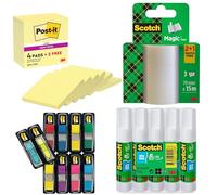 Post-it et Scotch - Lot de 4 Produits : 6 Blocs Notes Super Sticky 76x76 mm, 328 Marque-Pages, 3 Rubans Magic 19 mm x 15 m, 5 Bâtons de Colle 8 g - Pour Bureau, École, Étiquetage, Organisation