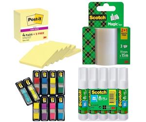 Post-it et Scotch - Lot de 4 Produits : 6 Blocs Notes Super Sticky 76x76 mm, 328 Marque-Pages, 3 Rubans Magic 19 mm x 15 m, 5 Bâtons de Colle 8 g - Pour Bureau, École, Étiquetage, Organisation