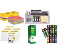 Post-it et Scotch - Pack de 5 Produits : 24 Blocs Notes Super Sticky, Organisateur de Bureau, 6 Meeting Charts, 8 Marque-Pages, 8 Rubans Magic - Pour Bureau, Réunions, Étiquetage, Codification