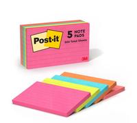 Post-it - Notes repositionnables néon lignées 76 x 127 mm - 100 feuilles - Lot de 5