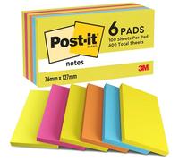 Post-it Notes Autocollantes, Couleurs Energetic, 6 Blocs, 100 Feuilles par Bloc, 76 mm x 127 mm, Jaune, Bleu, Orange, Rose, Vert - Feuillets Adhésifs pour Prise de Notes, Listes de Tâches et Rappels