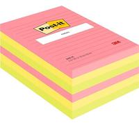 Post-it Notes Autocollantes, Grand Format, Couleurs Néon Assorties, Lignées, 101 mm x 152 mm, 100 Feuilles, 6 Blocs - Feuillets Adhésifs pour Prise de Notes, Listes de Tâches et Rappels