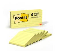 Post-it Notes Autocollantes, Lignées, Pack de 6 Blocs, 100 Feuilles par Bloc, 76 mm x 76 mm, Jaune Canari - Feuillets Adhésifs pour Prise de Notes, Listes de Tâches et Rappels