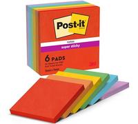 Post-it Notes autocollantes Super Sticky – Pack de 6 blocs 76×76 mm, 90 f. couleurs Playful