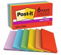 Post-it Notes Autocollantes Super Sticky, Couleurs Playful, Pack de 6 Blocs, 90 Feuilles par Bloc, 76 mm x 127 mm - Feuillets Super Adhésifs pour Prise de Notes, Listes de Tâches et Rappels