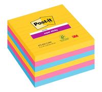 Post-It Lot De 6 Blocs 90 Feuilles Super Sticky Rio Lignées 101x101mm, Jaune Néon, Fuchsia, Méditerranée