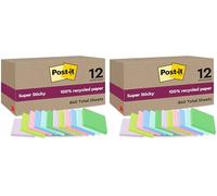 Post-it Notes Autocollantes Super Sticky, Recyclés, Pack de 12 Blocs, 70 Feuilles par Bloc, 47.6 mm x 47.6 mm - Notes Autocollantes Fabriquées à partir de Papier 100% Recyclé (Lot de 2)