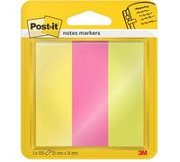 Post-it Marque-pages papier Pack de 3 blocs 25 x 76 mm, 100 feuilles/bloc, couleurs assorties