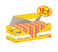 Post-it Notes repositionnables 76 x 76 mm - Couleurs assorties - Pack 18 blocs de 100 feuilles + 6 gratuits