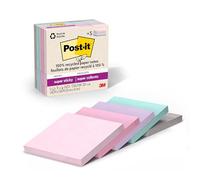 Post-it Notes super adhésives en papier 100% recyclé, 2 fois le pouvoir collant, 7,6 x 7,6 cm, 5 blocs, 70 feuilles/bloc, collection Pastels Wanderlust (654R-5SSNRP)