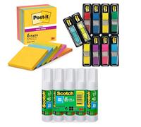 Post-it Notes Super Sticky Couleurs Carnival Pack de 6 Blocs 76x76 mm + Marque-Pages Étroits Pack Promo 8 Blocs Couleurs Assorties + Scotch Bâtons de Colle Permanente Pack de 5 - Bureau, Maison, École