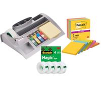 Post-it Organisateur de Bureau Argenté avec Bloc Notes Jaune Canari, 6 Blocs Post-it Super Sticky Couleurs Carnival 76x76 mm, 4 Rouleaux Ruban Scotch Magic 19 mm x 33 m - Fournitures Bureau