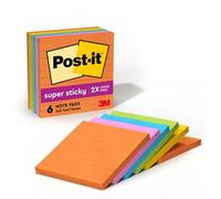 Post-It Super Sticky Notes, 4 in x 4 in, Rio de Janeiro Collection, Lined, 6 Pads/Pack Composant Bleu, Orange, Rose, Jaune 90 feuilles