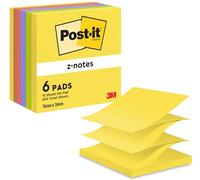 Post-it Z-Notes Autocollantes, Pack de 6 Blocs, 100 Feuilles par Bloc, 76 mm x 76 mm, Jaune, Vert, Violet, Rose, Orange - Feuillets Super Adhésifs pour Prise de Notes, Listes de Tâches et Rappels