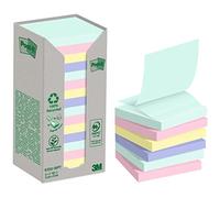 Post-it Z-Notes autocollantes recyclées – Pack 16, 100 f/bloc, 76×76 mm, vert/rose/bleu/jaune