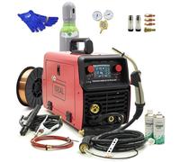 Poste à souder combiné gaz de protection 230 V IDEAL Tecno MIG 210 PULSE LCD Inverter MIG MAG TIG LIFT MMA 200 A Synergic Alu FLUX Kit complet avec bouteille de gaz Fil de soudure Électrodes