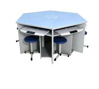 Poste de travail de bureau d'ordinateur hexagonal, table de ollaborative avec étagères de rangement intégrées et plateau for clavier, for école, laboratoire et laboratoire informatique(C-85cm)