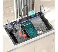 Poste de Travail Nano En Acier Inoxydable 304 Avec Robinet Extractible À Cuve Unique Et Effet Cascade, Affichage Numérique Multifonctionnel Et Douchette Fly Rain./Noir/75 * 45 * 22 Cm