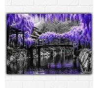 Poster A3 Pont de Glycine Violette - Canal de Jardin Japonais - Monochrome & Violet Floral Paysage Décor