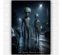 Poster A3 « We Were Never Alone Alien » - Impression d'art mural UFO gris - Affiche extraterrestre réaliste de science-fiction - Œuvre d'art moderne avec rencontre extraterrestre - Décoration de