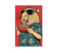 Poster abstrait rétro sur toile représentant un cochon d'Inde mangeant des ramen - Décoration pour chambre à coucher, bureau, chambre - Cadeau - 40 x 60 cm
