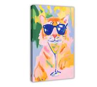 Poster abstrait rétro sur toile représentant un tigre buvant un cocktail - Décoration murale pour salon, chambre à coucher - 30 x 45 cm