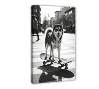 Poster abstrait sur toile Huskies Skateboarding in The City - Décoration murale pour salon, chambre à coucher - 30 x 45 cm