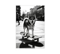 Poster abstrait sur toile Huskies Skateboarding in The City - Décoration murale pour salon, chambre à coucher - 40 x 60 cm