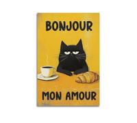 Poster amusant chat noir café Bonjour Mon Amour café français mignon décoration vintage esthétique sur toile pour salon 40 x 60 cm sans cadre