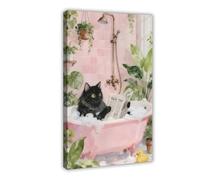 Poster amusant de chat noir lisant dans la baignoire rose (1) - Art mural imprimé pour décoration de salon, chambre à coucher - 30 x 45 cm