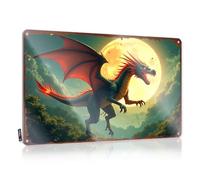 Poster amusant en métal motif dragon enflammé planant contre une pleine lune ciel en étain panneau de porte de dortoir panneau de camping amusant (20 x 30 cm)