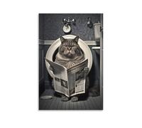 Poster amusant sur toile représentant un chat assis sur les toilettes, lisant un journal, style vintage et amusant, art mural, décoration murale, peinture pour salon, chambre à coucher, 30,5 x 45,7 cm