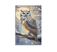 Poster animal fantaisie hibou des neiges pleine lune étoilée branche de neige poster art mural esthétique sur toile pour salon, chambre à coucher 30 x 45 cm sans cadre