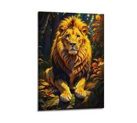 Poster animal lion dans la forêt enchantée avec crinière dorée et lumières mystiques œuvre d'art décorative sur toile pour chambre à coucher 60 x 90 cm