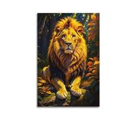Poster animal lion dans la forêt enchantée avec crinière dorée et lumières mystiques œuvre d'art sur toile décorative pour chambre à coucher 40 x 60 cm
