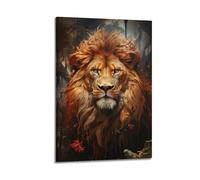 Poster animal lion féroce avec crinière dorée dans la forêt d'automne mystique œuvre d'art décorative sur toile pour chambre à coucher 60 x 90 cm