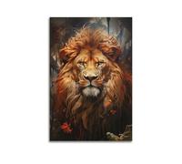 Poster animal lion féroce avec crinière dorée dans la forêt d'automne mystique œuvre d'art sur toile décorative pour chambre à coucher 50 x 75 cm