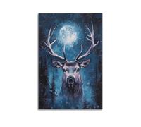 Poster animal majestueux cerf au clair de lune forêt mystique bois ciel étoilé minuit Tons cool œuvre d'art sur toile pour chambre à coucher 60 x 90 cm