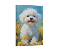 Poster animal peint bichon frisé dans un champ de fleurs moderne sur toile esthétique 30 x 45 cm style cadre